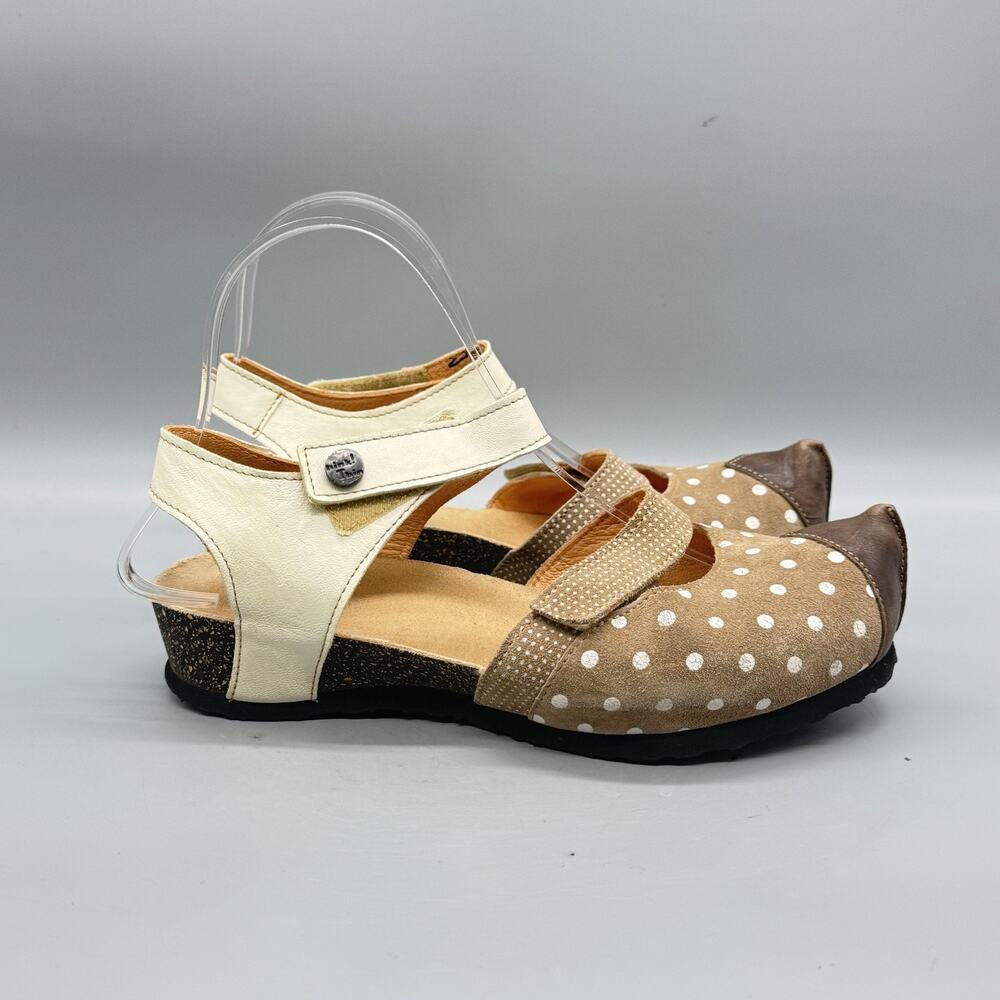Think Sandals Womens 5 Beige Leather Suede Polka Dot Strappy Wedge Comfort Shoes